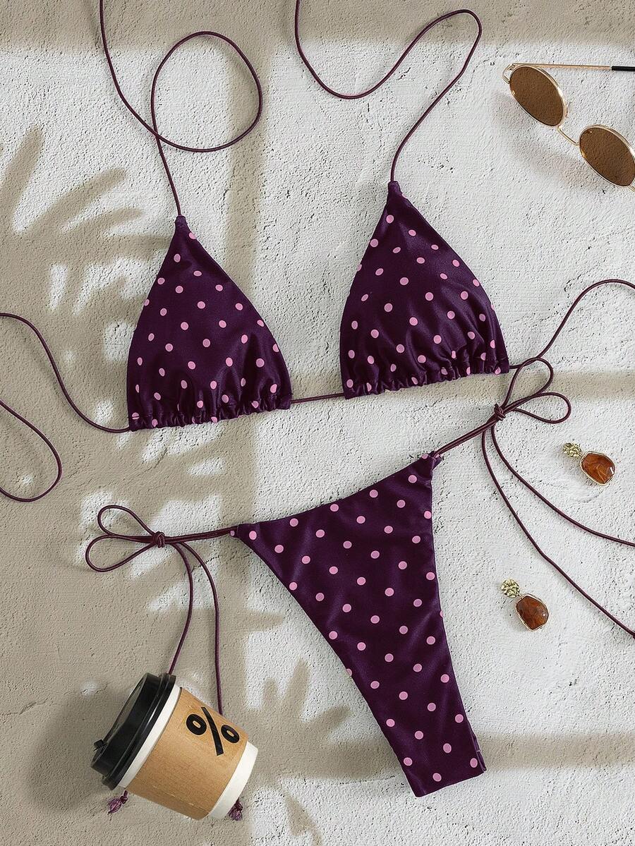 Bộ bikini không tay dây chéo họa tiết chấm bi mềm mại mới của PEPPERMOLLY, bikini thời trang mùa hè thanh lịch dành cho nữ đi biển. - Màu tím đậm - Xem 1