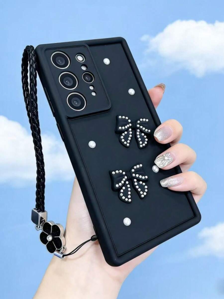 1 chiếc ốp lưng điện thoại DIY nơ ngọc trai bán chạy nhất năm 2026 kèm dây đeo, tương thích với Samsung Galaxy A26 A36 A55 A35 A06 A16 A05 A14 A24 A34 A54 A15 A05S A25 A23 A33 A53 A73 A13 4G 5G, S25, S24, S24Plus/S24+, S24Ultra, S24FE, S20, S21, S22, S23, A78, A58 - màu đen - Xem 1