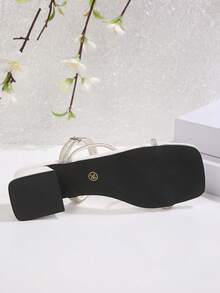 法式水钻装饰粗跟凉鞋，夏季新款细带设计，显瘦、时尚、百搭、优雅高跟鞋 - 白色 - 查看 7