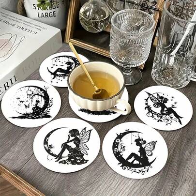 6 pezzi Sottobicchieri in legno con motivo di fate lunari, spessi, isolati, antiscivolo, resistenti al calore, con sagoma di fate, protezione per il tavolo, set di sottobicchieri per tazza da caffè per la casa e la cucina, regalo creativo per il riscaldamento della casa