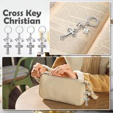 10个装十字架钥匙扣，圣经吊坠钥匙扣，宗教汽车钥匙圈，基督教祈祷礼物，情侣礼物 - 復古銀色 - 查看 4