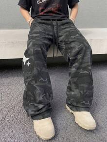 男士时尚迷彩工装裤，户外休闲阔腿裤，个性化迷彩印花宽松街头服饰 - 深灰色 - 查看 5