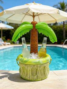 Inflatable Hawaiian Coconut Tree Beer Cooler - Green & Yellow Tropical Pool Party Decor, Summer Coconut Tree Oversized Pvc Inflatable Ice Bucket, Outdoor Swimming Pool Party Beer And Beverage Bucket Party Decoration,Durable Pvc Drink Bucket With Ice Capacity Birthday Celebrations, Beach Accessory, Hibiscus Pattern, Textured Surface - View 3