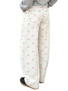 Women's 2026 Polka Dot Barrel Jeans Curved Sword Pants Boyfriend Y2K Casual Wide Leg Mid Rise Denim Pants - 粉色 - 查看 8
