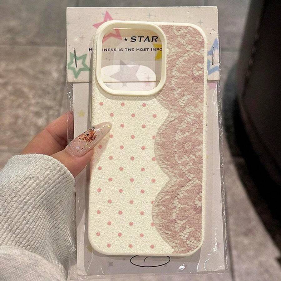 1pc TPU Material Pink Polka Dot Lace Pattern Phone Case Compatible With Iphone 17 Pro Max/17/16 Pro Max/15/13/12/11, S20 FE/A15/S24/A55, Note 11/Note 12/Note 13 Pro, Full Coverage Anti-Drop Soft Protective Phone Case - White - View 1