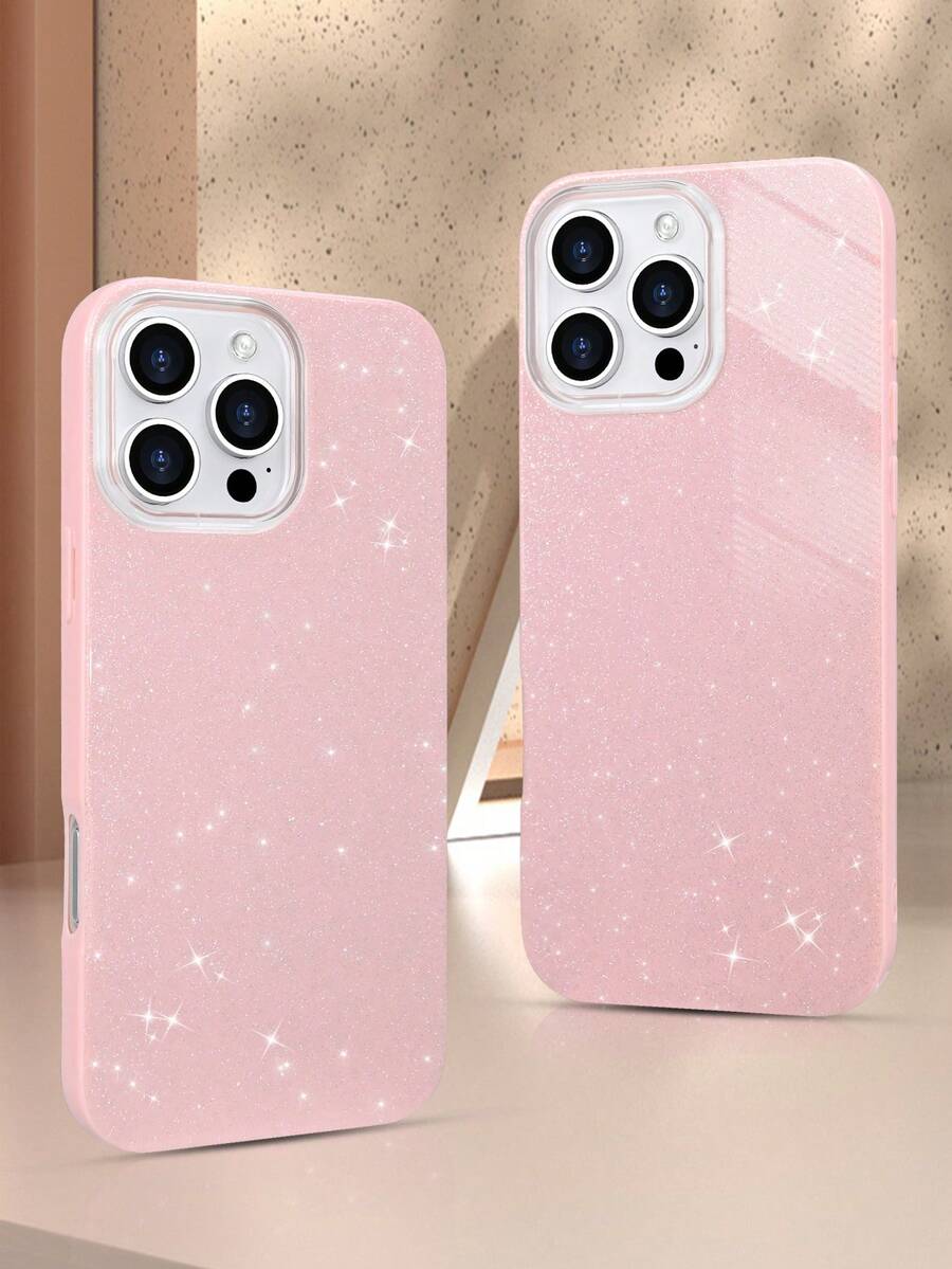 2 件装闪亮手机壳，兼容 7/8/X/XS/XR/11/12/13/14/15/16/Pro/Pro Max，全包防震保护套，简约设计，完美保护您的手机 - 粉+粉 - 查看 1