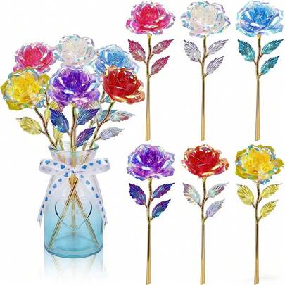 6支彩虹渐变水晶玫瑰，创意礼物，节日送礼之选，家居花瓶插花，网红拍照道具，6种颜色（不含花瓶）