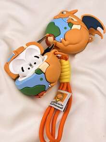 1个卡通恐龙喷火地球图案耳机保护套，带挂绳，适用于第四代、1/2代、Pro 1/2代、Pro 3代，可爱情侣耳机保护套（不含耳机） - 橘色 - 查看 5