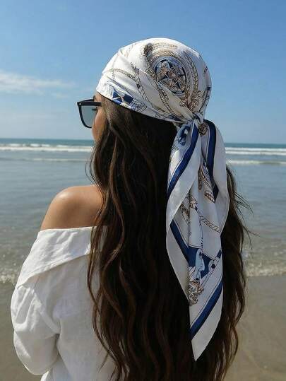 1条优雅女士链条图案缎面质感90厘米方形围巾/头巾，女士头巾，适合休闲时尚外出，可用作围巾、头巾、户外防风/防晒披肩，完美点缀您的造型，海滩度假皆宜。