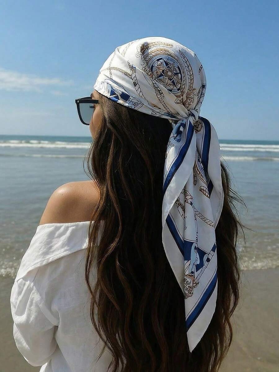 1条优雅女士链条图案缎面质感90厘米方形围巾/头巾，女士头巾，适合休闲时尚外出，可用作围巾、头巾、户外防风/防晒披肩，完美点缀您的造型，海滩度假皆宜。 - 白色 - 查看 1