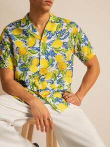 Bright Lemon And Blue Floral Pattern Symbolizes Joyful Summer Freshness And Vitality On A Stylish Lightweight 3D Printed Men Short Sleeve Hawaiian Shirt Perfect For Casual Beach Wear - 白色 - 查看 3