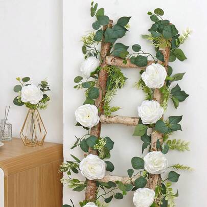 19,4 m künstlicher Eukalyptus-Rankenzweig mit Blumen, Fake-Rosen und Schleierkraut, grüne Blumengirlande Dekoration für Hochzeiten, Frühlings-Partys Zuhause, Basteleien, Tischdekoration, Westernstil Hochzeitsdekoration, handgemachter künstlicher Rosenranke