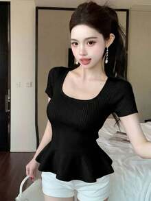 Áo dệt kim ôm dáng kiểu Hàn Quốc mùa Xuân/Hè mới, chất liệu lụa chiffon, viền bèo nhún, dành cho nữ. - màu đen - Xem 3