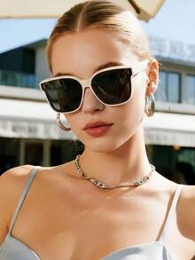 1 Pair Oversized Square Frame Glasses, Minimalist Versatile Design, Fits Over Prescription Glasses, Suitable For Outdoor Gatherings, Vacations, Driving, Also Can Be Used As Photo Props - 彩色 - 查看 9