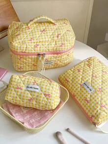 3pcs/Set Multi-Size Yellow Plaid Bow Makeup Bag, Multifunctional Cosmetic Organizer Bag, Ladies Small Makeup Pouch, Large Capacity Toiletry Bag, Suitable For Cosmetics, Chargers, Gift For Women, Girls, Students - Brown - View 2