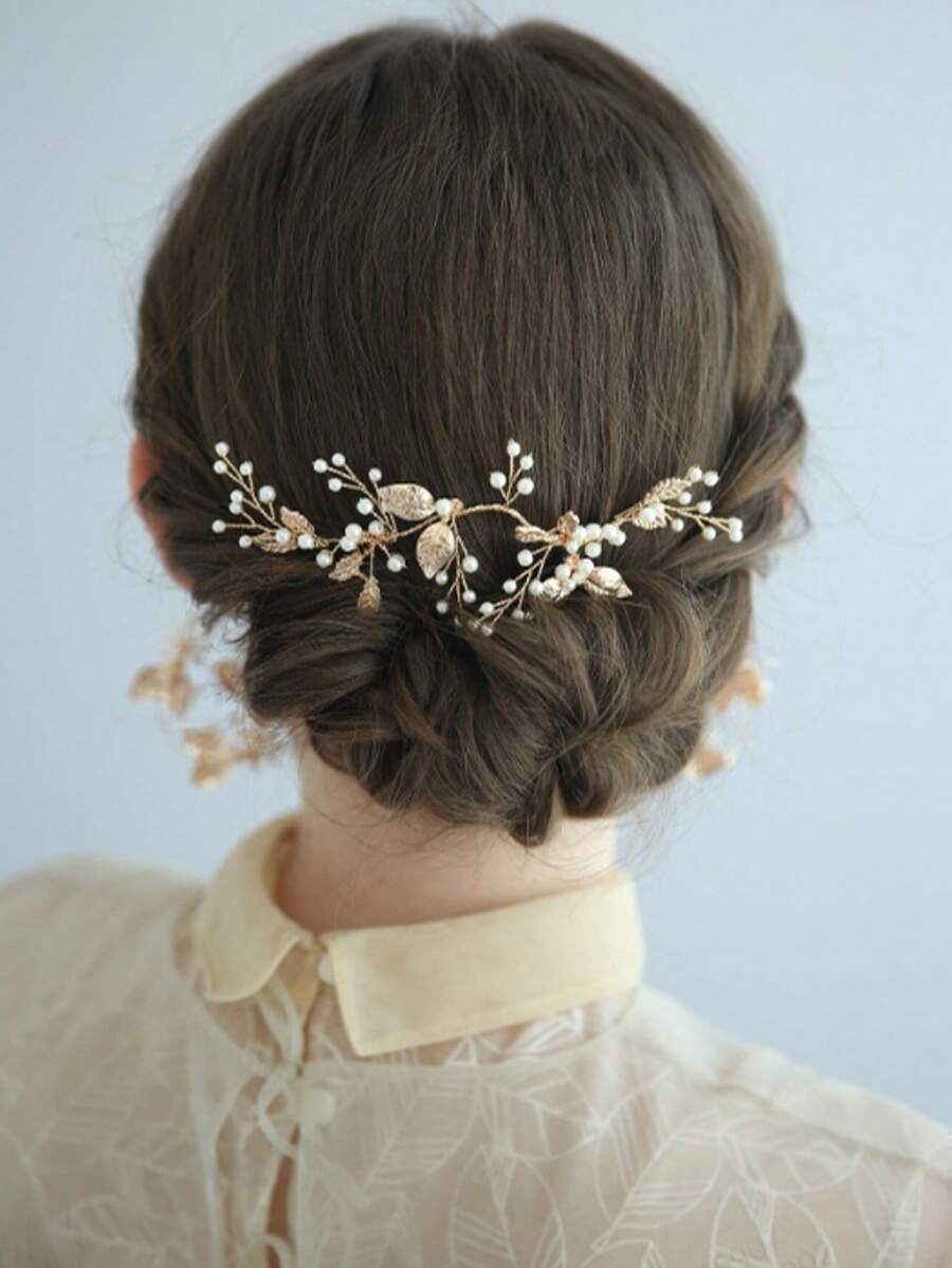 1pc Minimalist Leaf & Pearl Hair Comb - Gold - View 1