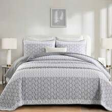 Boho Quilt Set Queen Size Gray Farmhouse Quilt Bedding Set Striped Lightweight Summer Bedspread Coverlet Bedding Set 96"x90" 3 Pieces - Gris - Ver 3