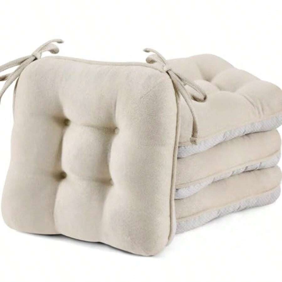 BETU Cojines para Sillas de Comedor Juego de 4 3.5" de Grosor Almohadillas para Sillas de Mesa de Cocina con Lazos Base Antideslizante y Fundas Cojín de Asiento para Comedor Bar Sillas de Patio - Beis - Ver 1