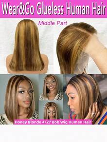 Highlight 100% Human Hair Bob Wigs 5x5 Glueless Lace Wig Human Hair HD Lace Frontal Short Straight Lace Front Wigs For Women Pre Plucked Glueless Free Part 180% Density Honey Blonde With Brown Wig For Party, Cosplay, Daily Use - P4/27--Glueless Lace - 查看 6