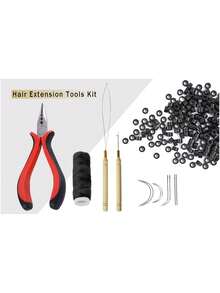 Hair Extension Tool Kit: 200pcs Silicone-Lined Micro Link Beads, 1pc 3-Hole Hair Clip, 1pc Sewing Thread, 1pc Threader, 1pc Pulling Hook, 8pcs Sewing Needles (Dark Brown/Black/Beige) Hair Extension Tools - Beige - View 9
