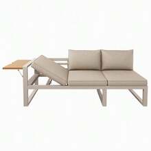 Modular Outdoor Sofa Set With Adjustable Backrest, Folding Armrests And Metal Ice Bucket, 10 Cm Thick Cushions For Terrace, Balcony, Poolside, Grey/Beige - 米色 - 查看 8