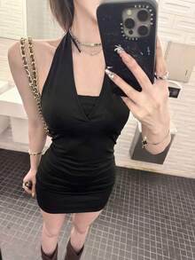 Strapless Sleeveless Bodycon Dress For Women, Sexy Unique Charming Waist Cinched Mini Dress, Spring/Summer Black Elegant - Black - View 2
