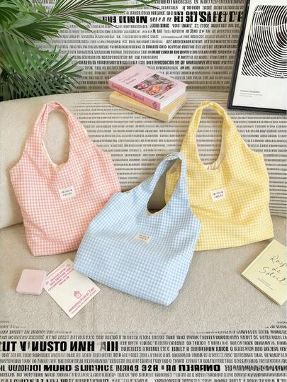 Bolsa feminina casual de ombro único com estampa quadriculada em macarons, ideal para lazer ao ar livre e deslocamentos diários. Bolsa de lona estilo blusa.