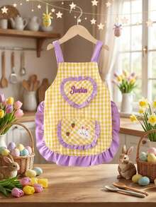 Delantal infantil personalizable y lindo, ajustable, de 60 cm/18 in de largo, bordado a mano con el nombre del niño, bolsillo y diseño de conejo de dibujos animados | Regalo único para celebrar los hitos de los jóvenes chefs y artistas | Recuerdo hecho a mano, perfecto para el atuendo de la fiesta de cumpleaños de la niña pequeña - Multicolor - Ver 7