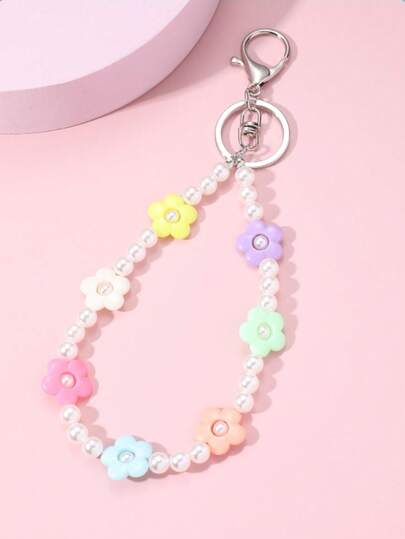 1pc Women's Candy Color Floral Beaded Lanyard, Niche Design Sweet Versatile Phone Strap, Keychain