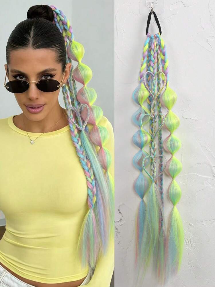 24 Inch 1pc Rainbow Colorful Bubble Braid Elastic Ponytail, Multi-Color Mixed Hairpiece, Suitable For Parties, Cosplay And Festivals - Multicolor - View 11