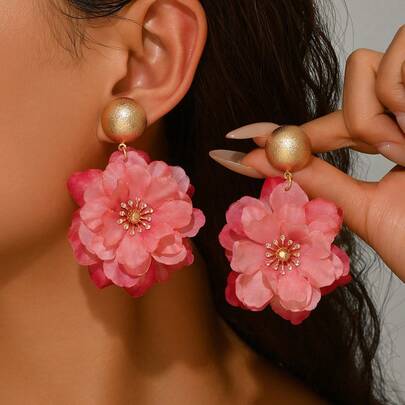 1 Pair Elegant Bohemian Beach Vacation Simulated Orchid, Peach Blossom, Peony, Green Dendrobium Batik Floral Dangle Earrings, Suitable For Women's Party, Wedding, Photo Shoot, Special Occasions. Due To Handmade, The Petal Color And Size May Have Slight Variations.