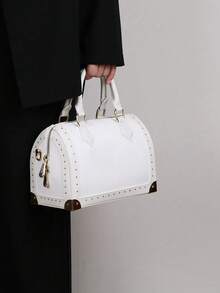 2025 New Fashionable High-End Women's Handbag, Large Capacity Boston Cushion Bag, Vintage Rivet Box Shoulder Bag, Versatile Personalized Street-Style Top Handle Satchel, Structured Box Bag - 彩色 - 查看 3
