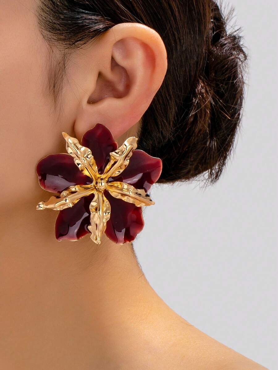 1 Pair Retro Exaggerated Burgundy Enamel Earrings, Suitable For Women's Party, Wedding, Holiday Wear - Burgundy - View 1