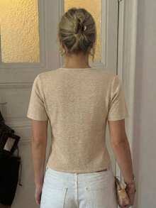 Áo khoác cardigan dệt kim tay ngắn ôm dáng dành cho nữ, màu trơn, thiết kế cúc kim loại, áo len dệt kim mùa xuân/hè giản dị, kiểu dáng thanh lịch đa năng. - Màu Khaki - Xem 3