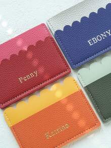 1pc Custom Name Duotone Scallop Card Case Customized Initals Credit Card Holder, Custom Engraved Credit Card Holder With Golden Lettering, Personalized Pu Leather Credit Card Holder Wallet ,With A Fun Scalloped Shape Personalized Golden Monogram Slim Id Card Wallet With 3 Slots Synthetic Leather Slim Front Pocket Wallet - Multicolor - View 5