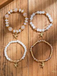 Bộ trang sức phong cách Bohemian 4 món, mặt dây chuyền hình sao biển, vòng tay hạt nhiều lớp, thích hợp đeo hàng ngày cho nữ. - Bô-hê-miêng - Xem 5