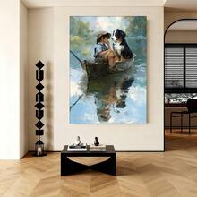 Con marco Cuadro 2D plano, 2D plano, 1 pieza de arte vintage con un niño y un Bernese Mountain Dog en un barco, enmarcado y listo para colgar. Esta pintura en lienzo sirve como decoración para guarderías, salas de estar u oficinas - Enmarcado - Ver 5