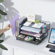 Organizador de Escritorio de 4 Niveles con Compartimentos Verticales Cajones Deslizantes y Porta Lápices Ideal para Documentos Papeles y Suministros de Oficina en el Día a Día - negro - Ver 7