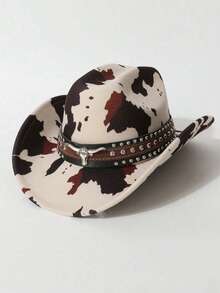 1pc Unisex Polyester Cow Print Cowboy Hat - Leather Rivet Bull Head Decor, Perfect For Horse Riding, Outdoor Travel, Cowboy Party, And Daily Wear - Multicolor - View 11