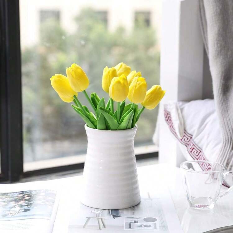 10pcs Premium Artificial Flowers, Real Touch Tulips Bouquet, Artificial Flowers For Wedding Room Home Hotel Party Event Valentine's Day New Years Gifts - Yellow - View 5