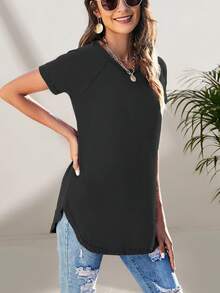 Dam Casual Grå Rundhalsad Lång T-shirt, Enkel Pendling Mångsidig T-shirt Svart Sommar - Svart - Visa 4