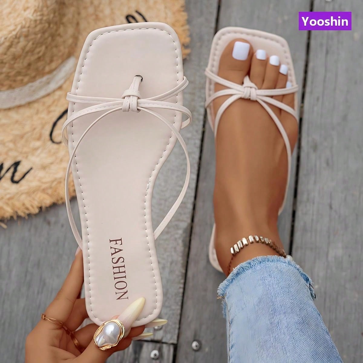 Sandalias planas de punta cuadrada para mujer, de estilo minimalista, con diseño deslizante, tiras cruzadas tipo chanclas, sandalias casuales de play