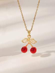 1 pieza Elegante y lujoso diseño de nicho Collar de fresa, Colgante de cereza de fresa con cristal dorado esmaltado, Accesorio de estilo dulce de chica, Uso diario y para citas - Dorado - Ver 3