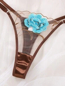 女士两件套蓝色花卉刺绣薄纱网眼钢圈文胸和丁字裤内衣套装 - 咖啡棕 - 查看 2