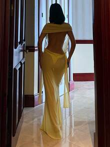 Women's Solid Color Backless Open Shoulder Fitted Sheer Mesh Sexy Dress Elegant Party Summer Yellow - Yellow - View 1