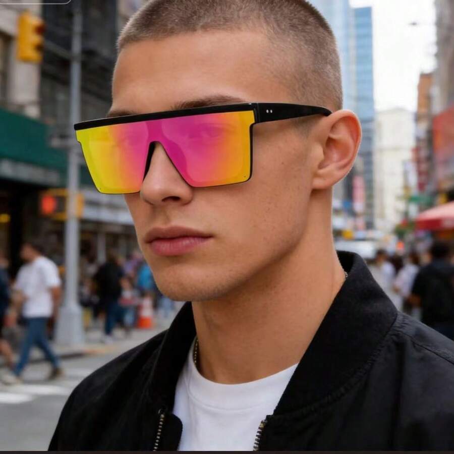 1 Pair Men's Acrylic Geometric Integrated Flat-Top Fashion Glasses, Street Style Essential For Summer - Purple - View 1
