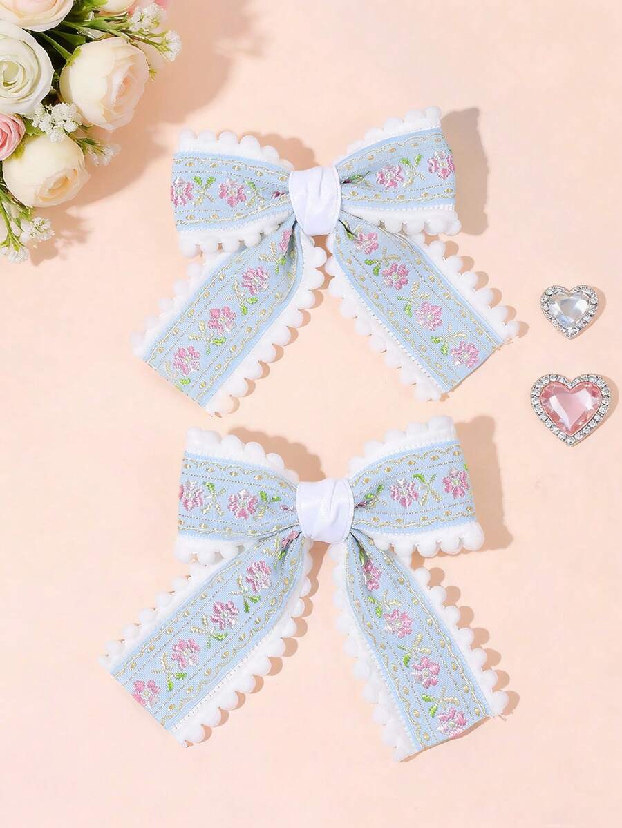 2pcs/Set Girls' Blue Floral Embroidery Bow Hair Clips, Suitable For Spring/Summer Daily Wear, Teenage Hair Accessories - Multicolor - View 1