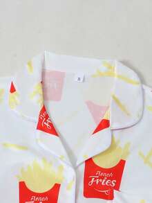 2 Piece Sets Woman Pajama, Fun French Fries Print, Soft Breathable Loungewear, Spring Summer Short Sleeve Lapel Top & Elastic Waist Shorts - trắng - Xem 3