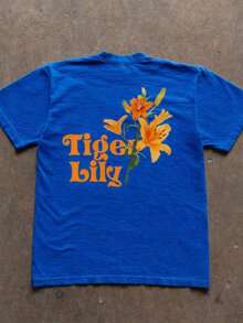 Summer New Arrival Unisex Tiger Lily Floral Print T-Shirt, Couple Matching Vintage Wash Tee For Spring & Summer, Perfect Mother's Day Outfit, Family Gathering, Daily Casual Wear & Thoughtful Gift Idea For Mom - 藍色 - 查看 1