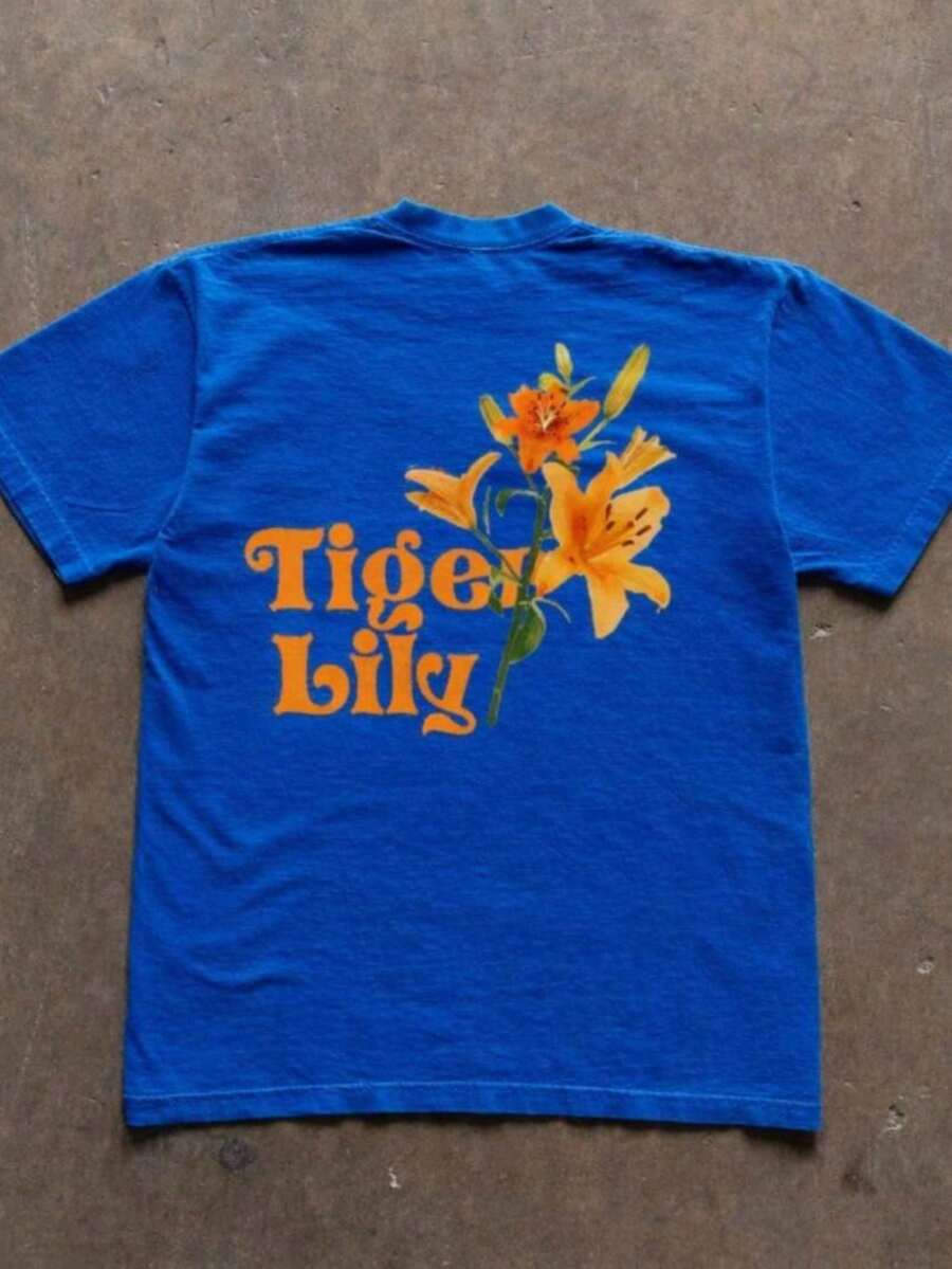 Summer New Arrival Unisex Tiger Lily Floral Print T-Shirt, Couple Matching Vintage Wash Tee For Spring & Summer, Perfect Mother's Day Outfit, Family Gathering, Daily Casual Wear & Thoughtful Gift Idea For Mom - 藍色 - 查看 1